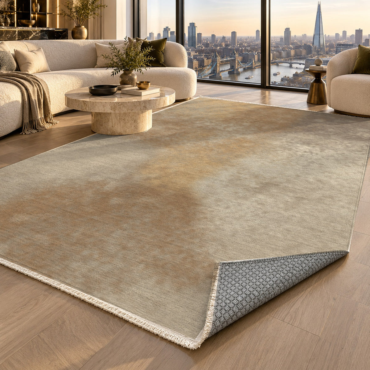 Strata Sand Abstract Washable Rug — london luxury living