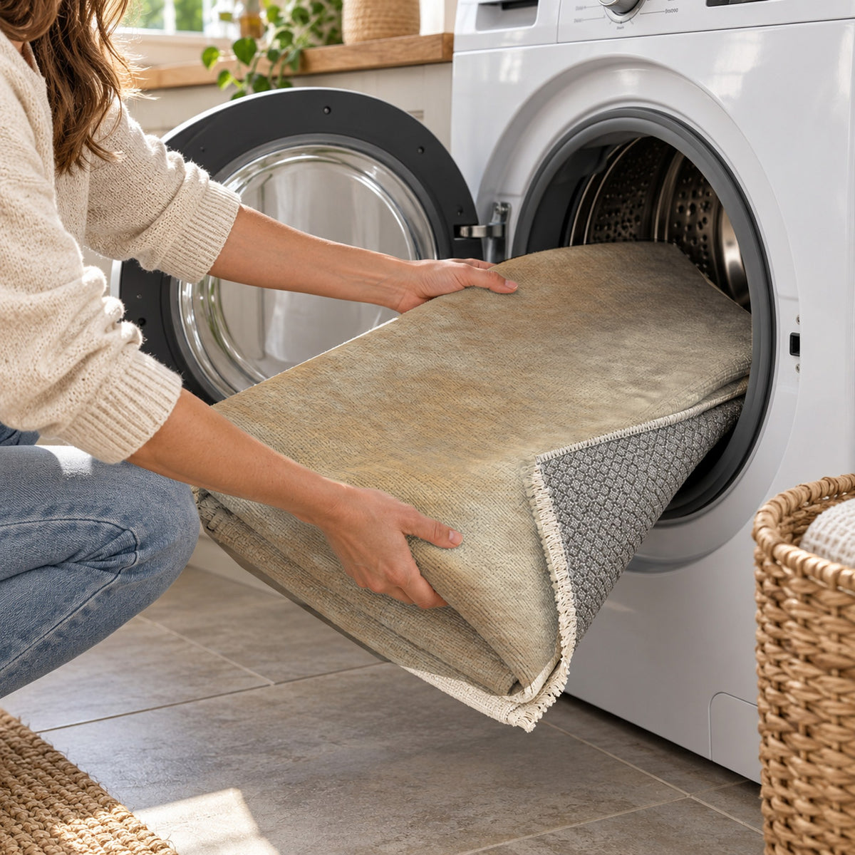 Strata Sand Abstract Washable Rug — washing machine