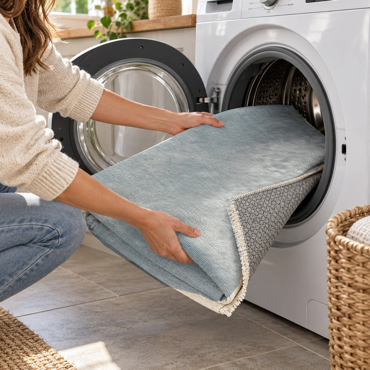Strata Silver Abstract Washable Rug — washing machine