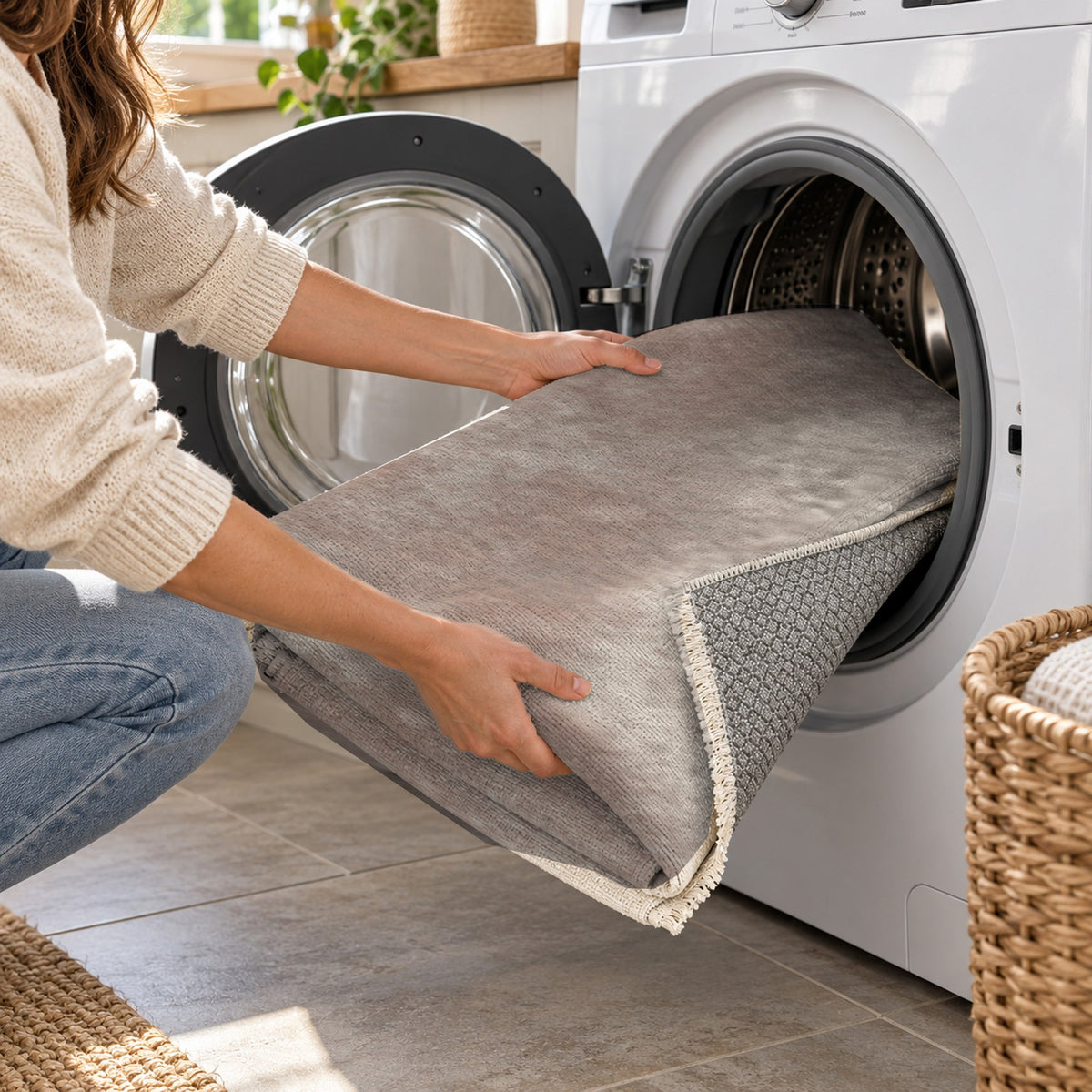 Strata Taupe Abstract Washable Rug — washing machine
