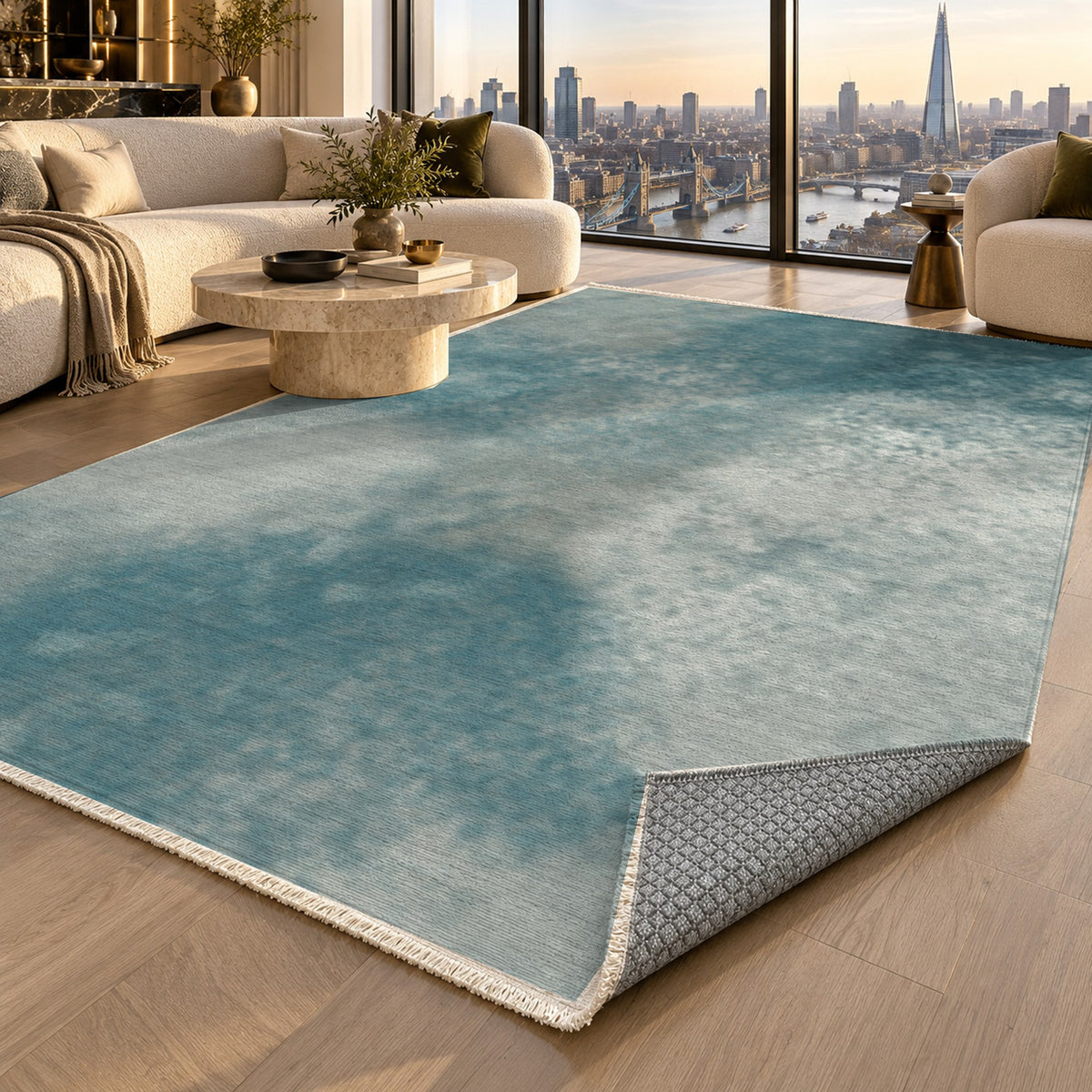 Strata Teal Abstract Washable Rug — london luxury living
