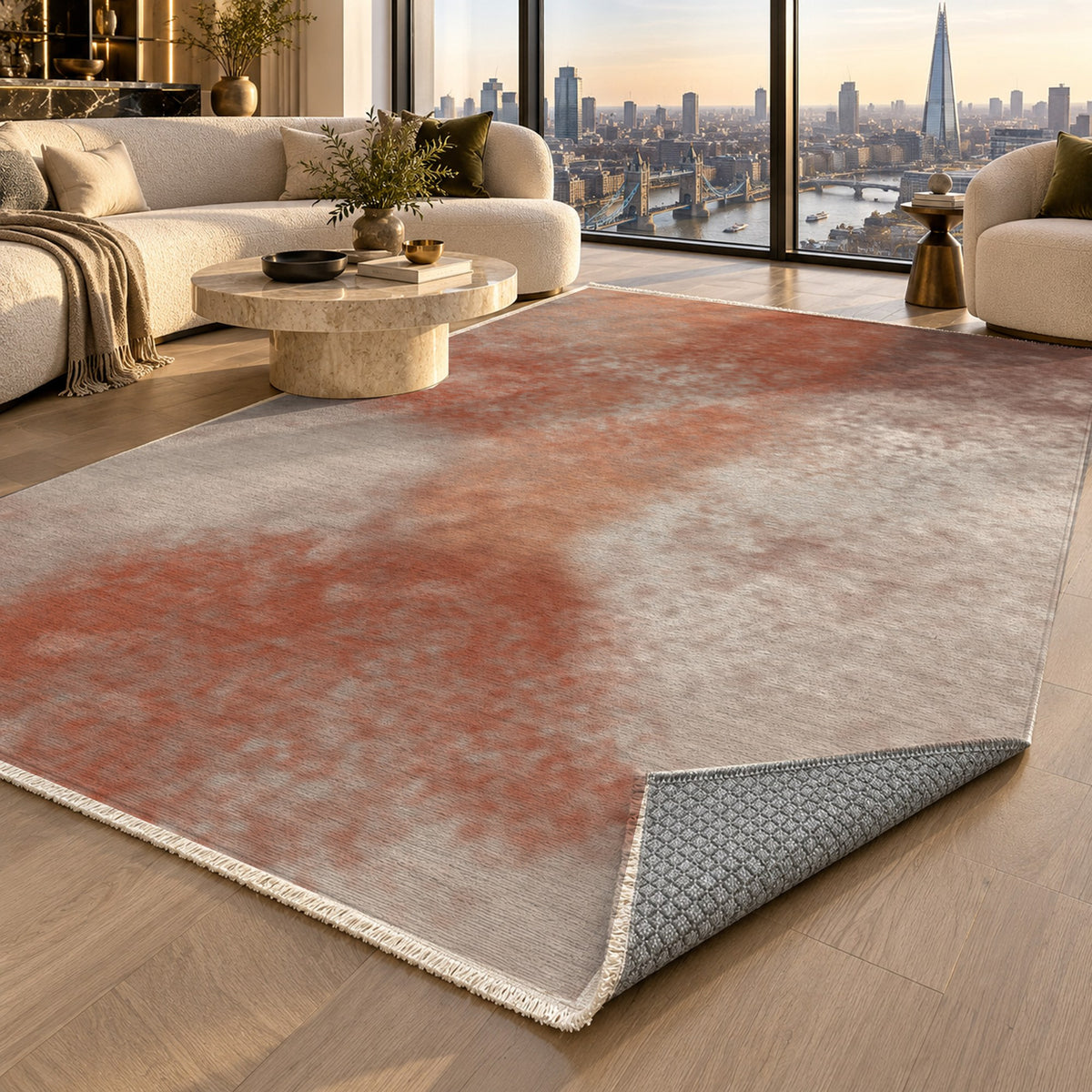 Strata Terracotta Abstract Washable Rug — london luxury living