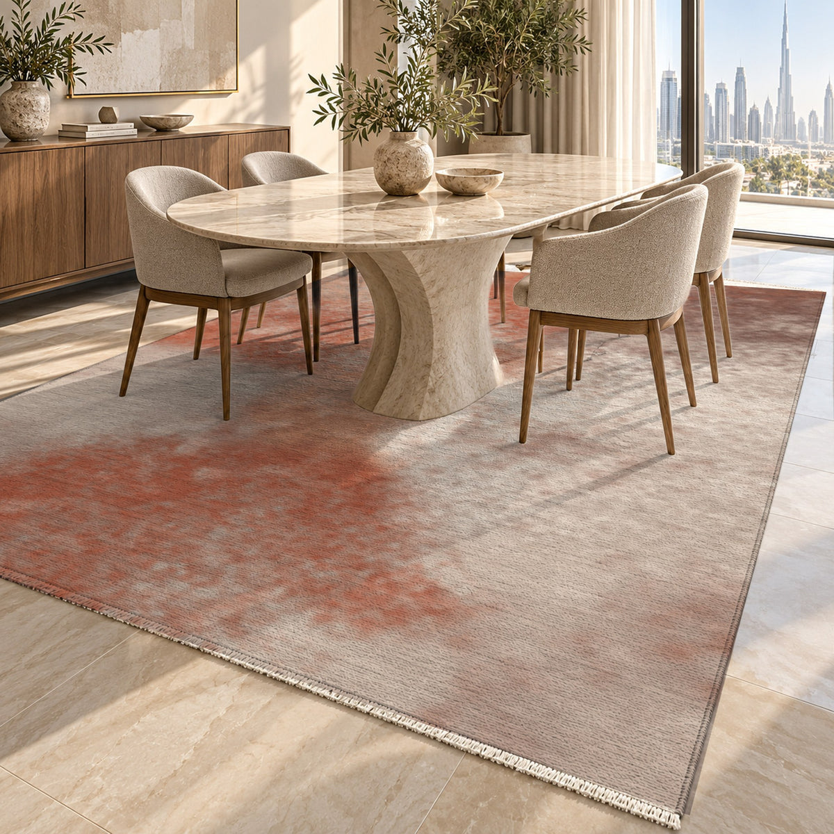 Strata Terracotta Abstract Washable Rug — dubai dining