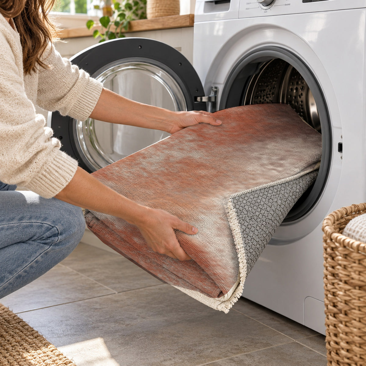 Strata Terracotta Abstract Washable Rug — washing machine