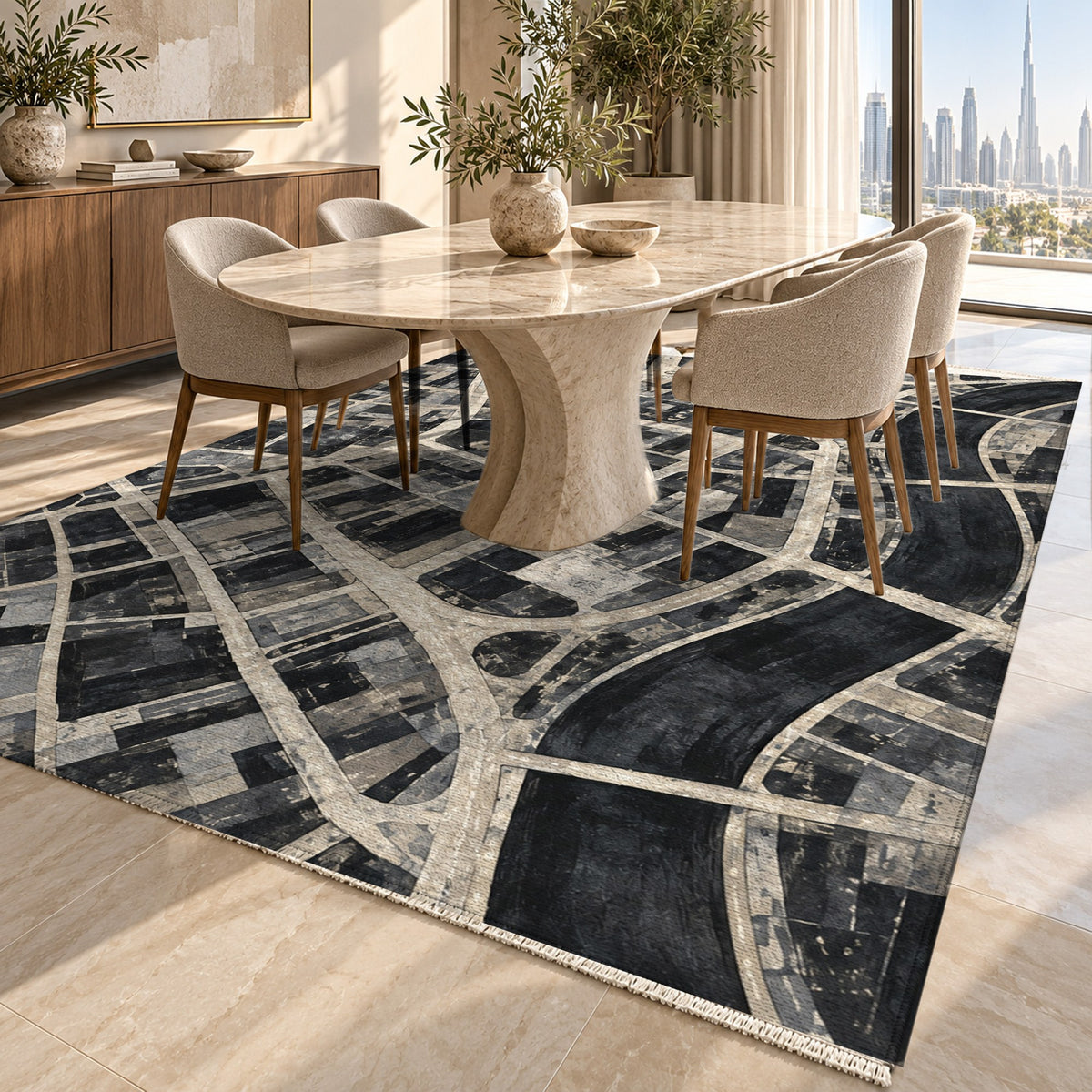 Street Grid Charcoal Modern Washable Rug — dubai dining