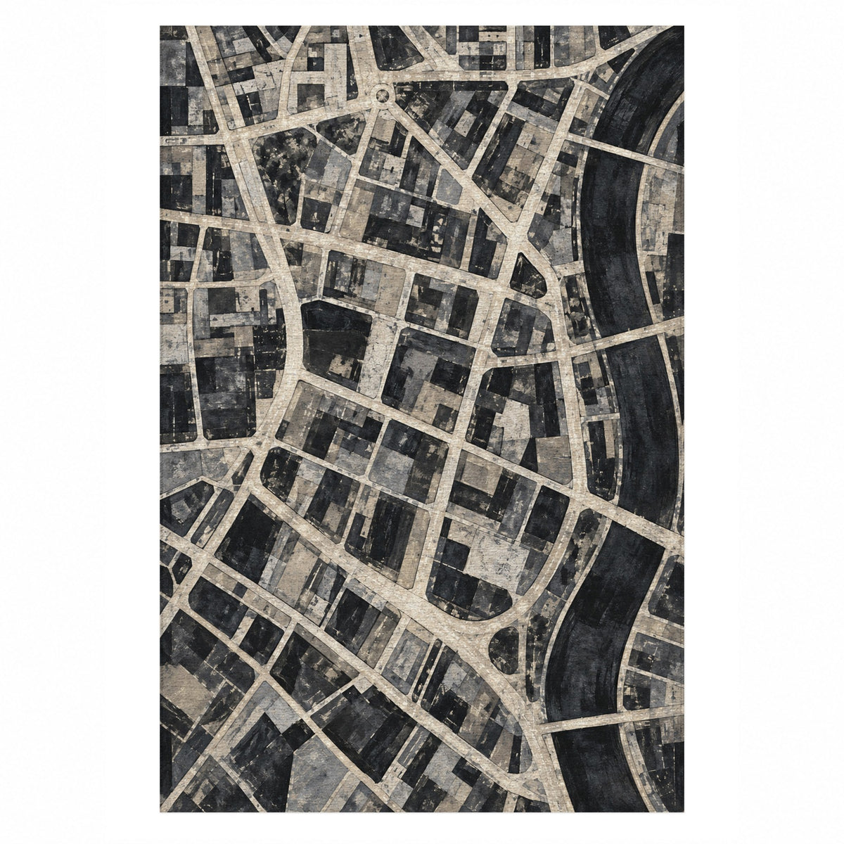 Street Grid Charcoal Modern Washable Rug — top view