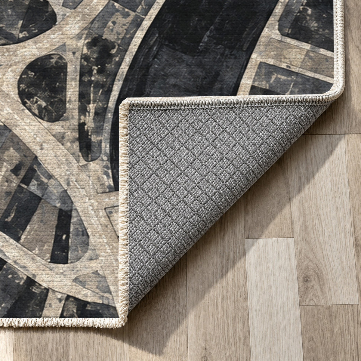 Street Grid Charcoal Modern Washable Rug — backing close up