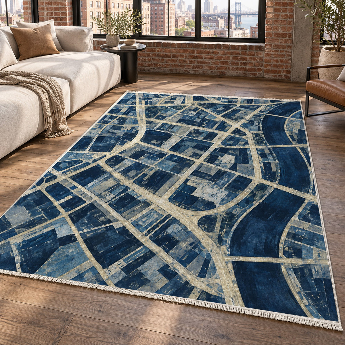 Street Grid Indigo Modern Washable Rug — new york living