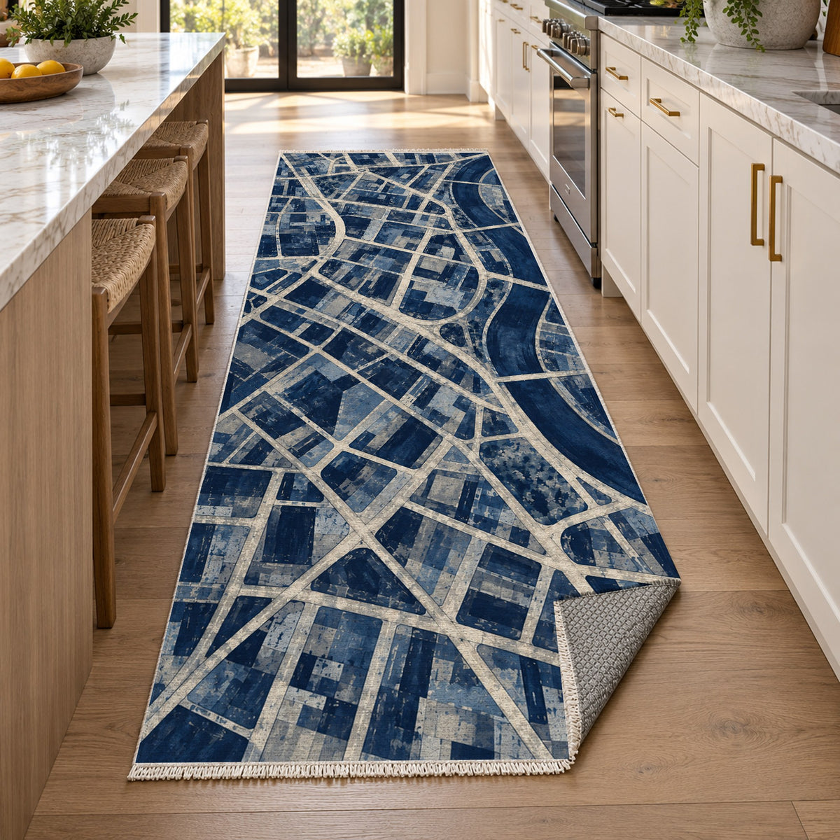 Street Grid Indigo Modern Washable Rug — new york kitchen runner
