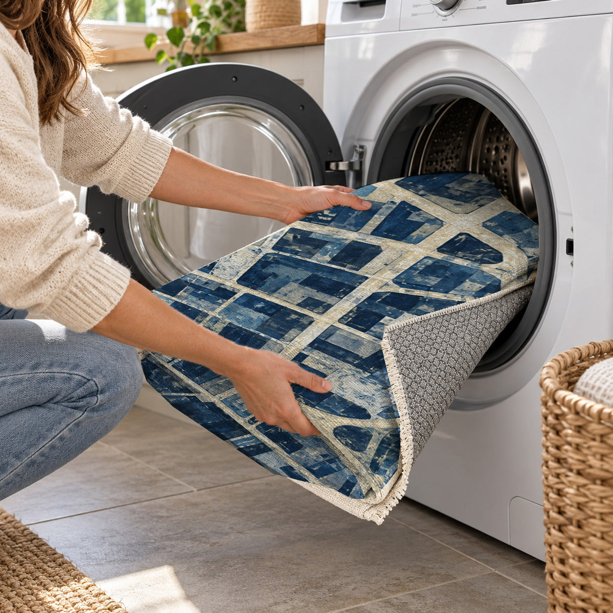 Street Grid Indigo Modern Washable Rug — washing machine