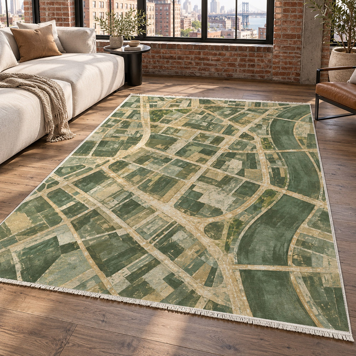 Street Grid Sage Modern Washable Rug — new york living