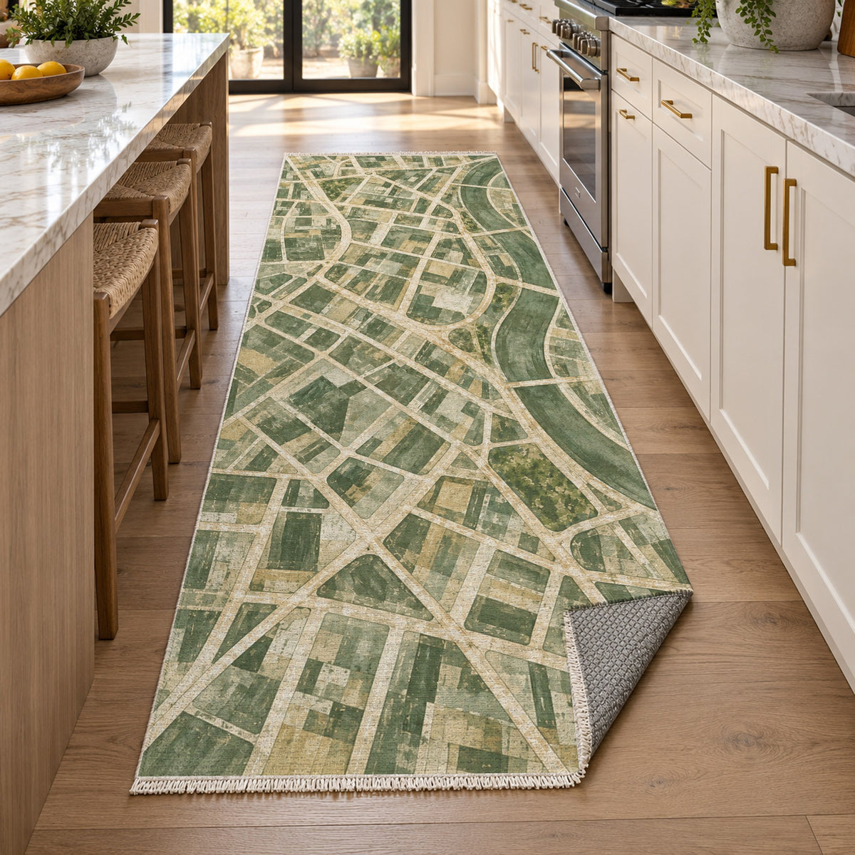 Street Grid Sage Modern Washable Rug — new york kitchen runner