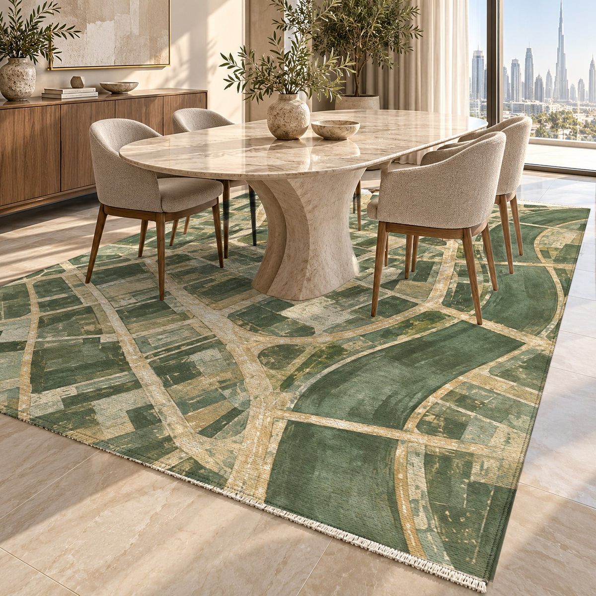 Street Grid Sage Modern Washable Rug — dubai dining