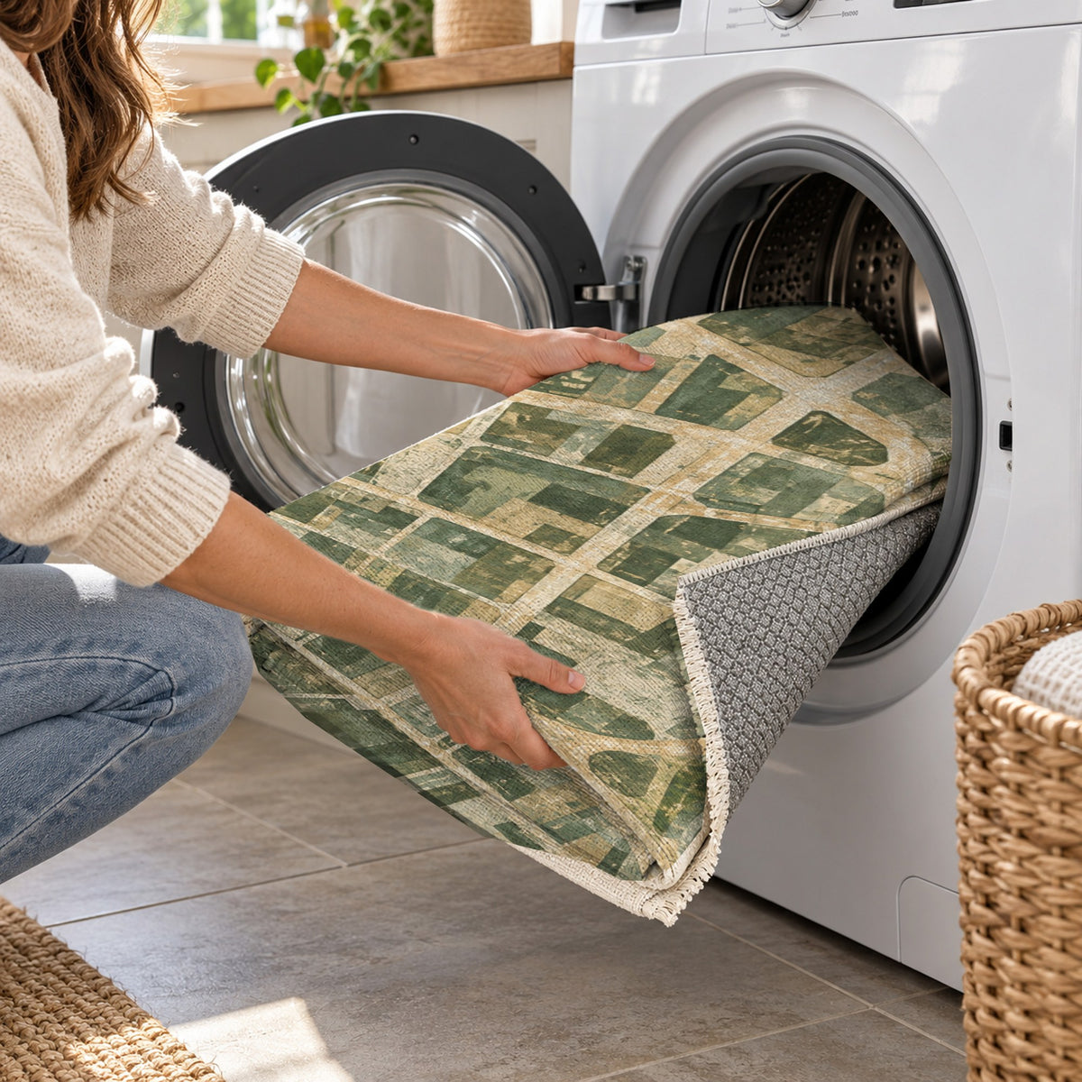 Street Grid Sage Modern Washable Rug — washing machine