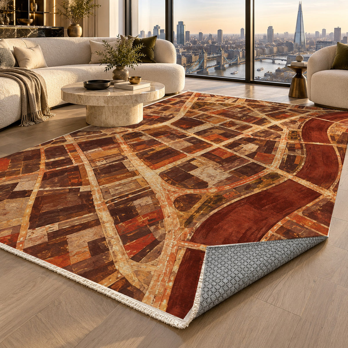 Street Grid Terracotta Modern Washable Rug — london luxury living