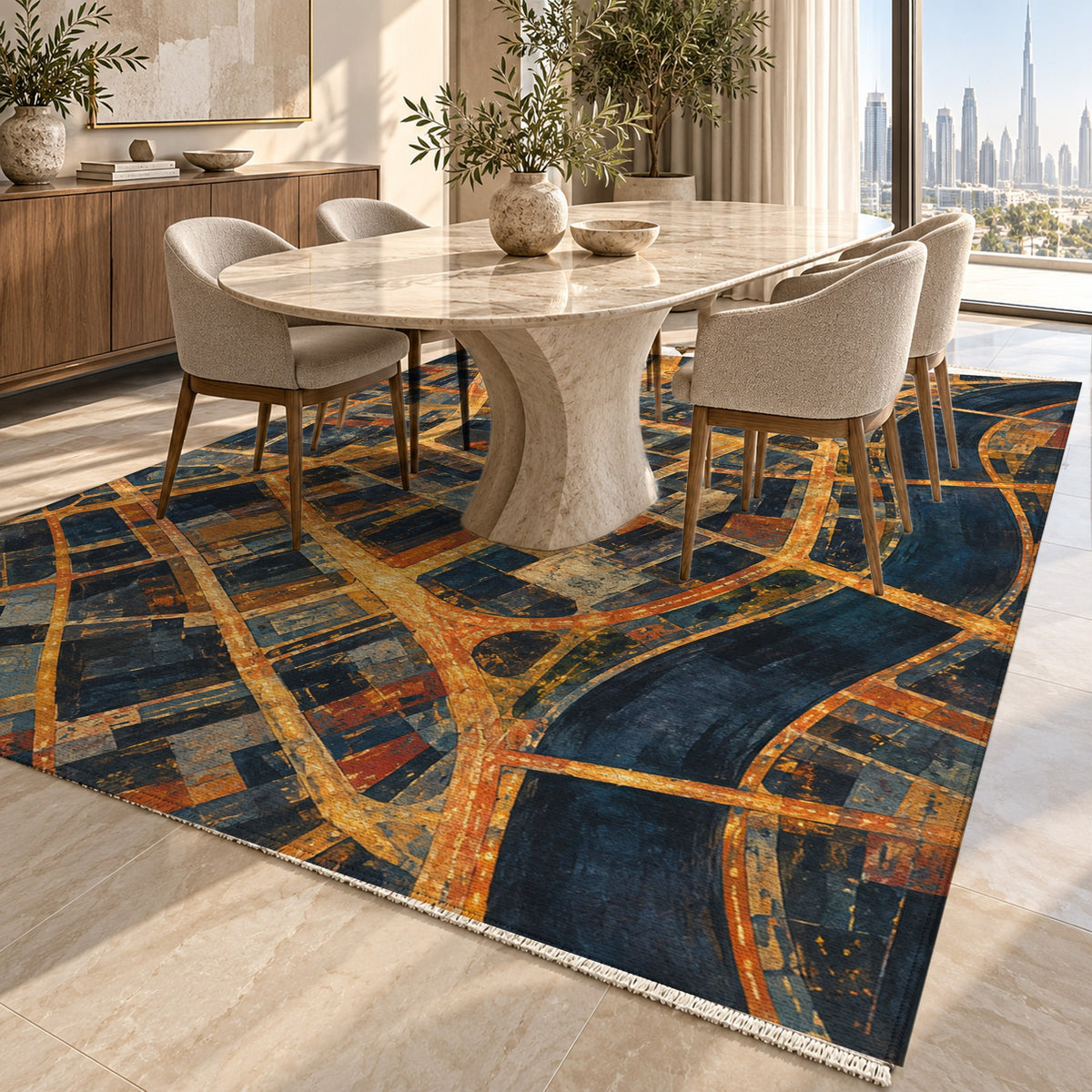 Street Grid Modern Washable Rug — dubai dining