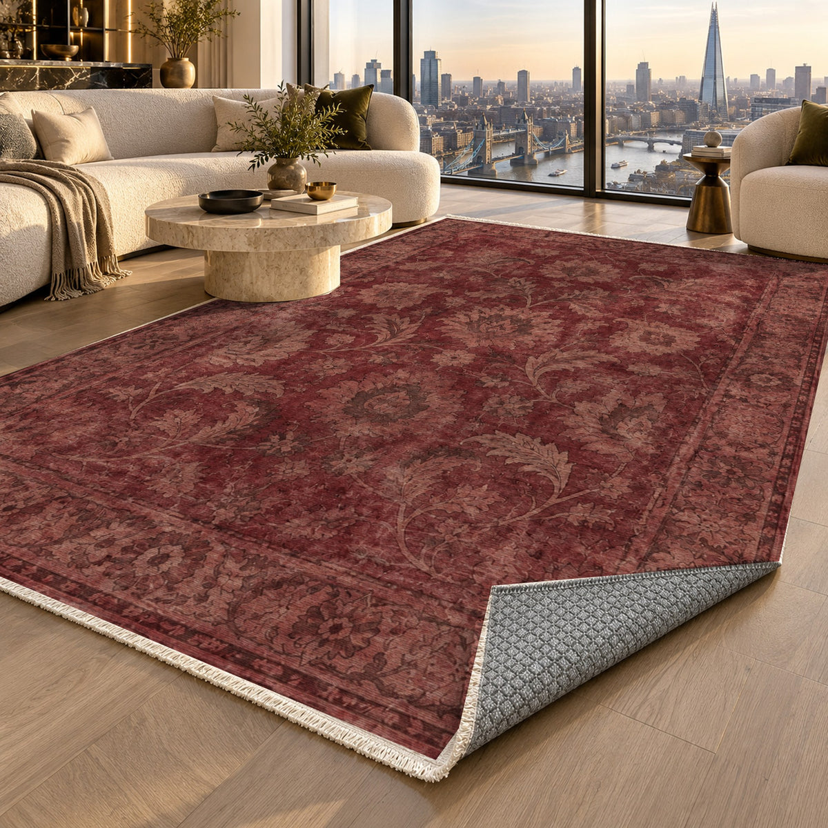 Sultanabad Mist Burgundy Red Vintage Washable Rug — london luxury living