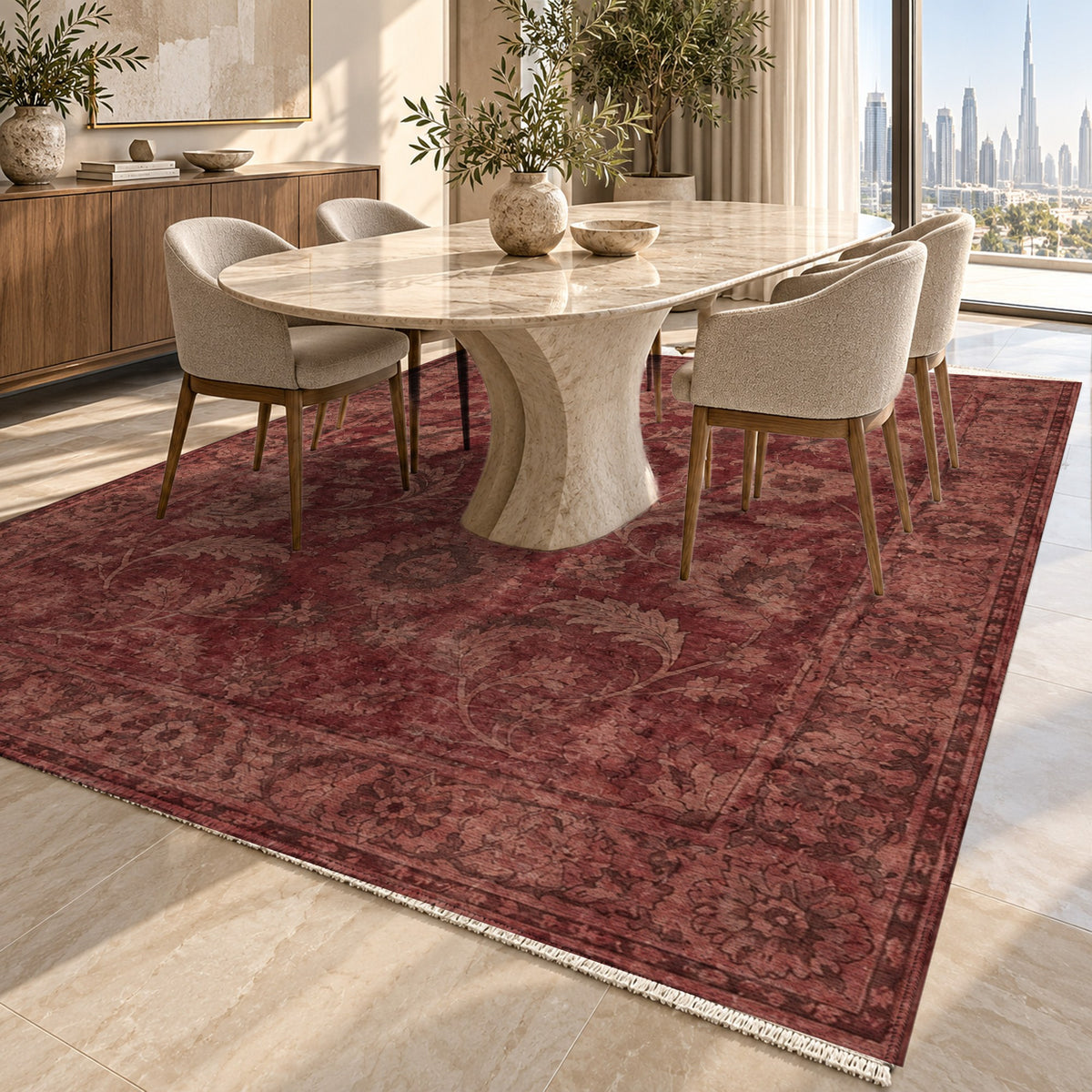Sultanabad Mist Burgundy Red Vintage Washable Rug — dubai dining