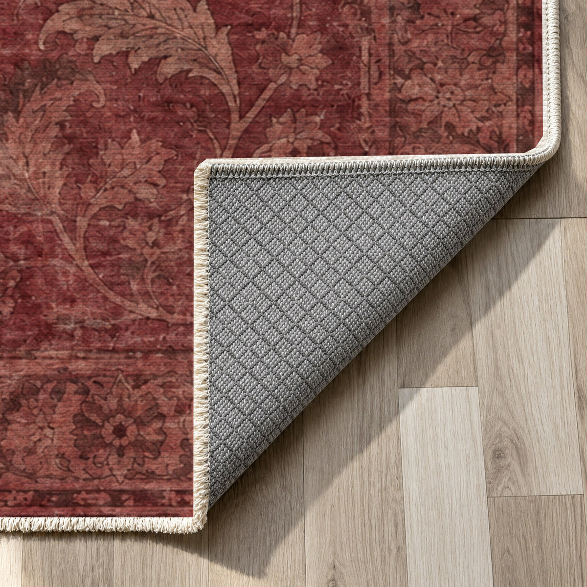 Sultanabad Mist Burgundy Red Vintage Washable Rug — backing close up