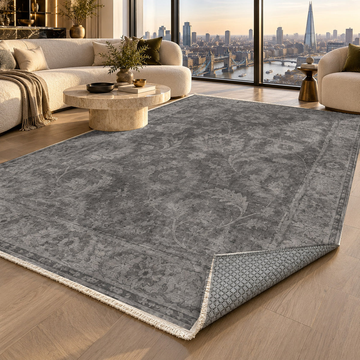 Sultanabad Mist Charcoal Silver Vintage Washable Rug — london luxury living