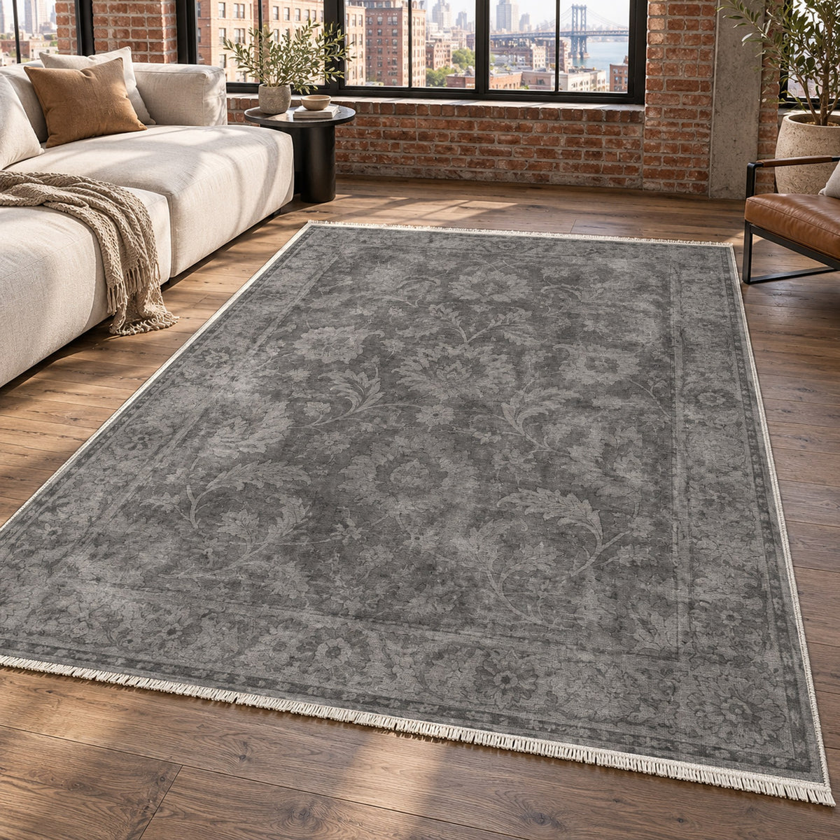 Sultanabad Mist Charcoal Silver Vintage Washable Rug — new york living