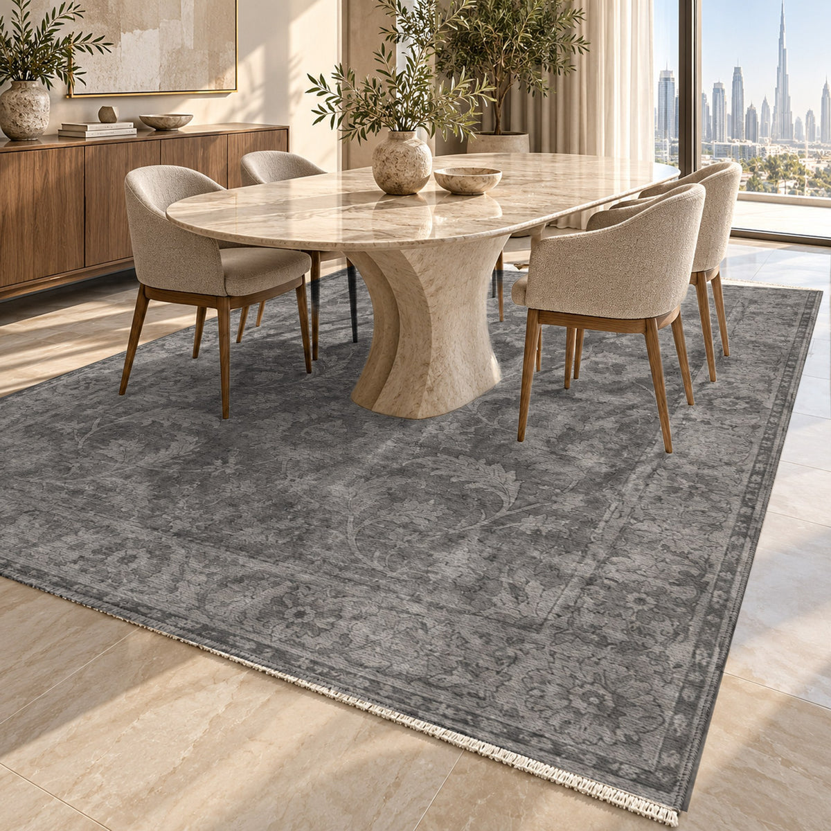 Sultanabad Mist Charcoal Silver Vintage Washable Rug — dubai dining