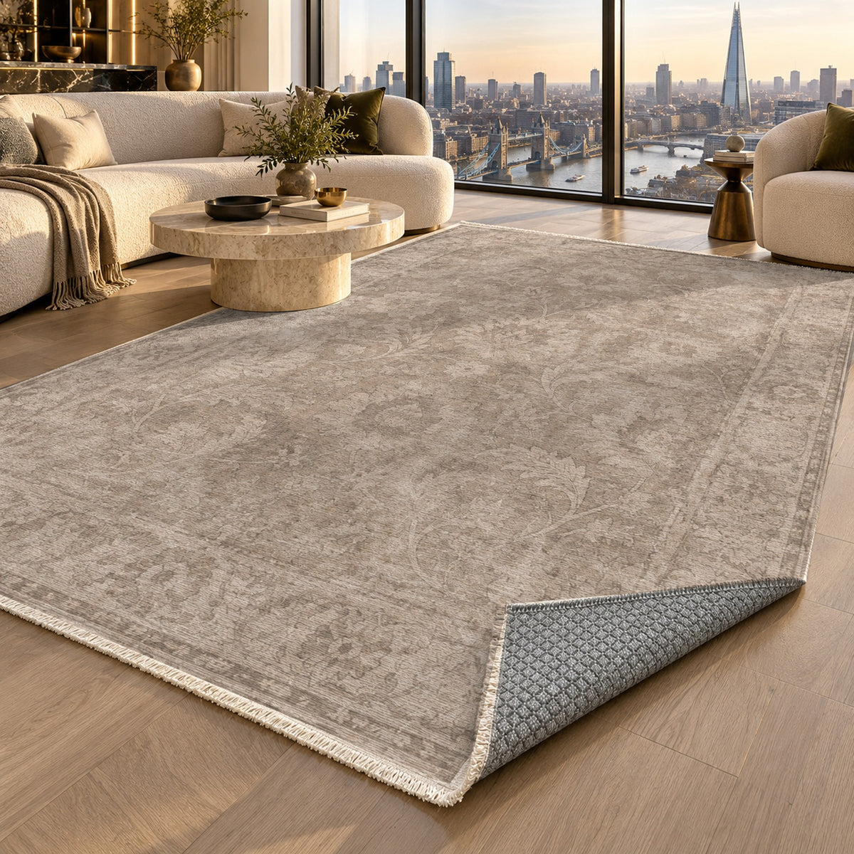 Sultanabad Mist Ivory Taupe Vintage Washable Rug — london luxury living