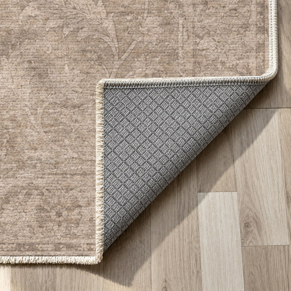 Sultanabad Mist Ivory Taupe Vintage Washable Rug — backing close up