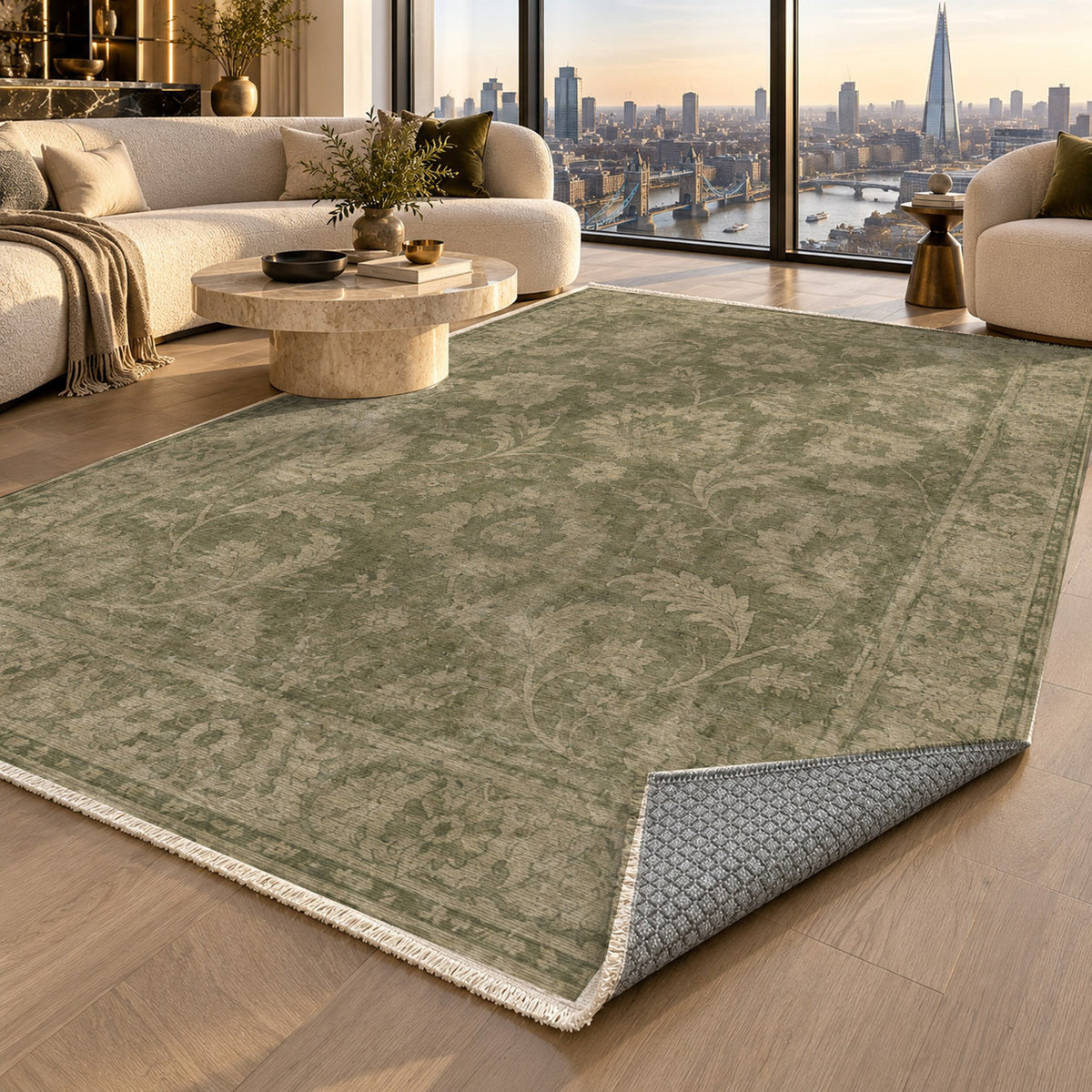 Sultanabad Mist Olive Green Vintage Washable Rug — london luxury living