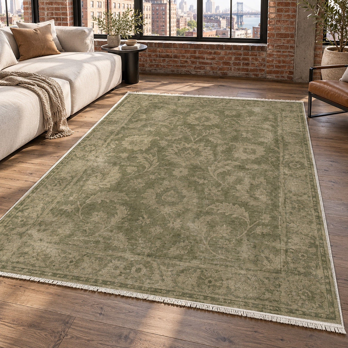 Sultanabad Mist Olive Green Vintage Washable Rug — new york living