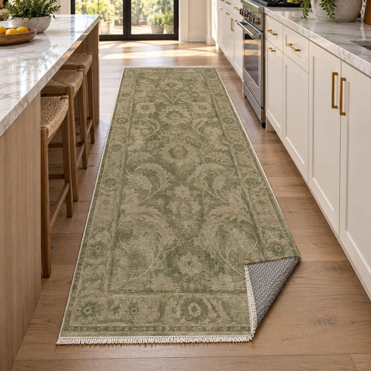 Sultanabad Mist Olive Green Vintage Washable Rug — new york kitchen runner