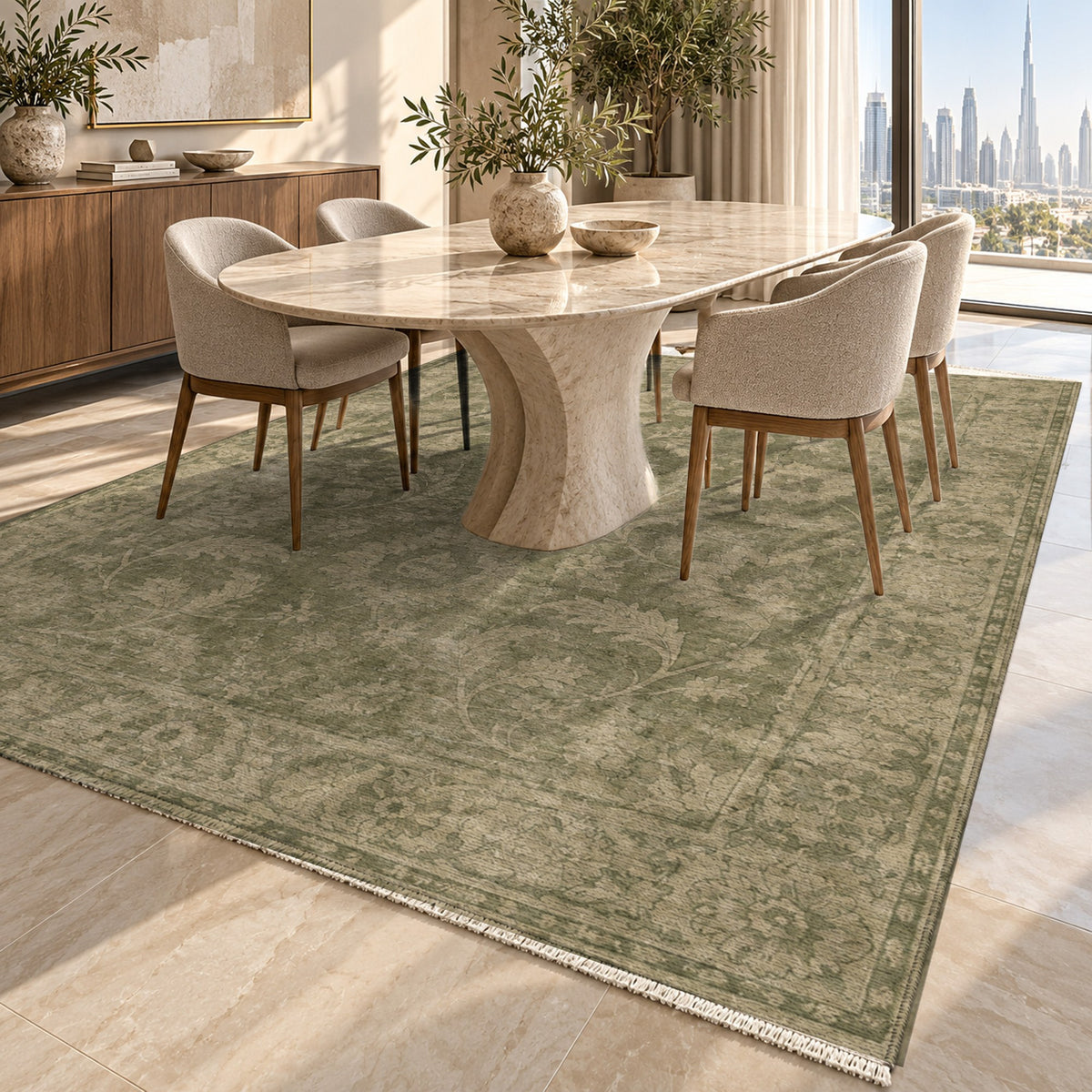 Sultanabad Mist Olive Green Vintage Washable Rug — dubai dining