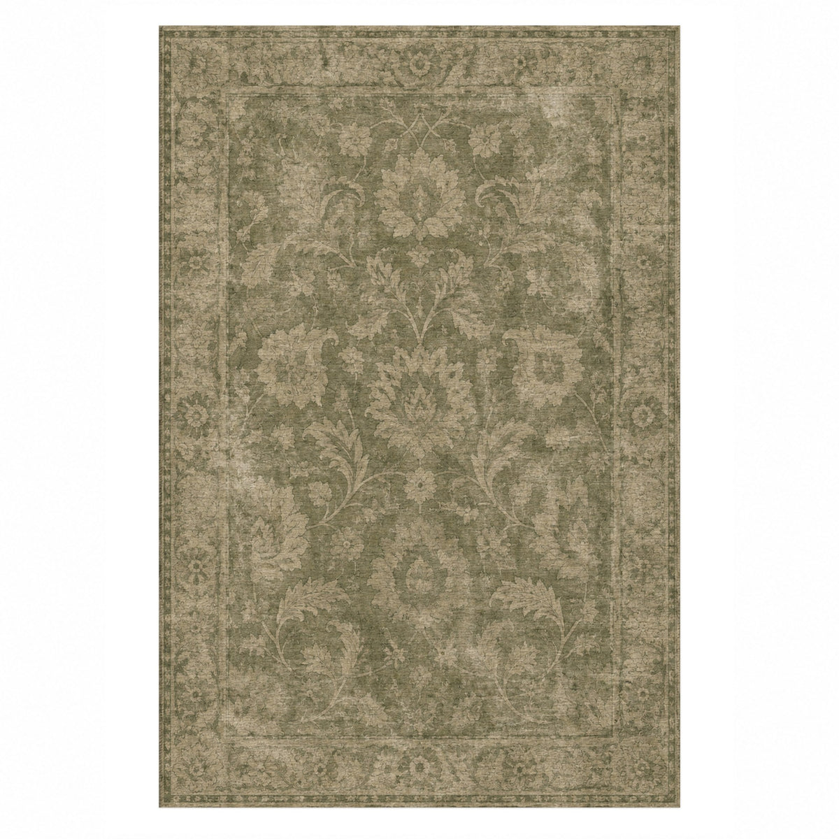 Sultanabad Mist Olive Green Vintage Washable Rug — top view