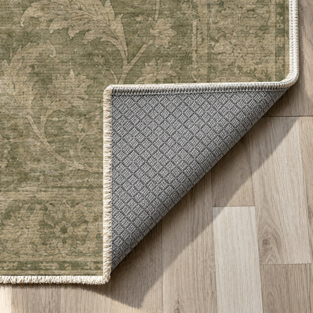 Sultanabad Mist Olive Green Vintage Washable Rug — backing close up