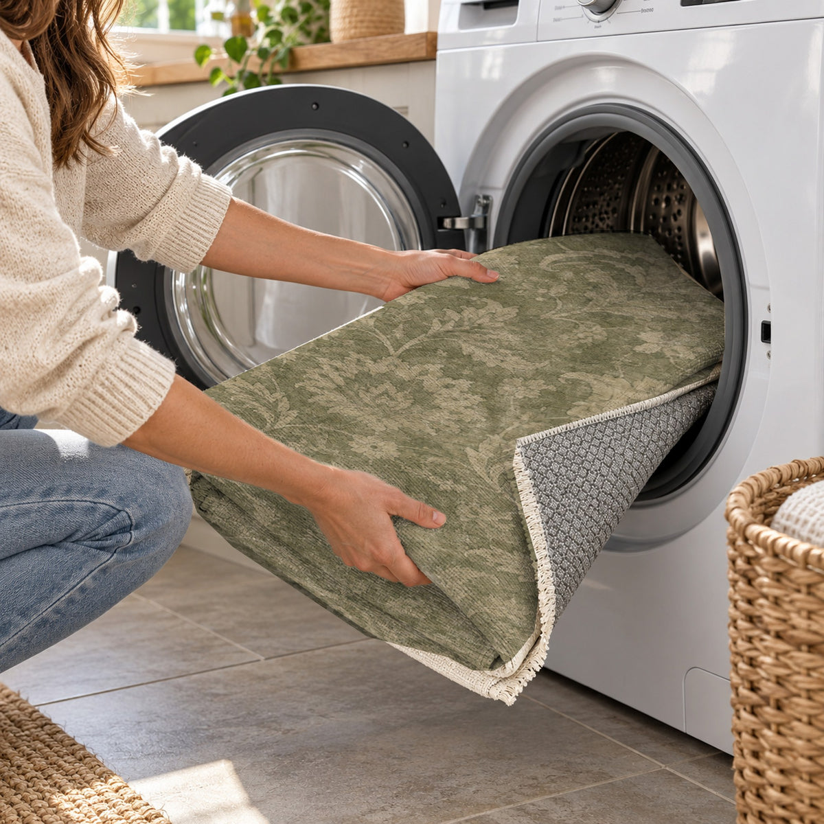 Sultanabad Mist Olive Green Vintage Washable Rug — washing machine