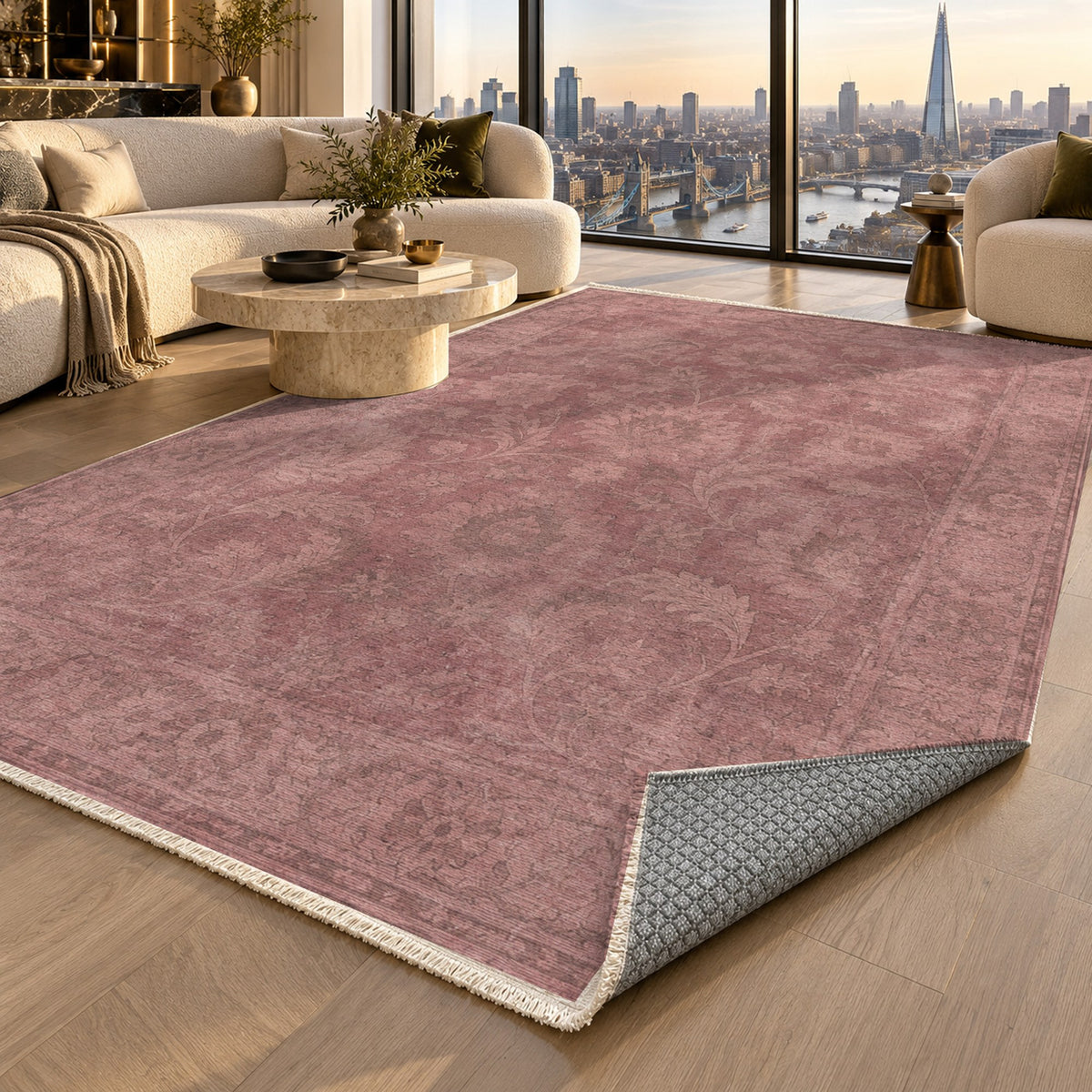 Sultanabad Mist Rose Pink Vintage Washable Rug — london luxury living