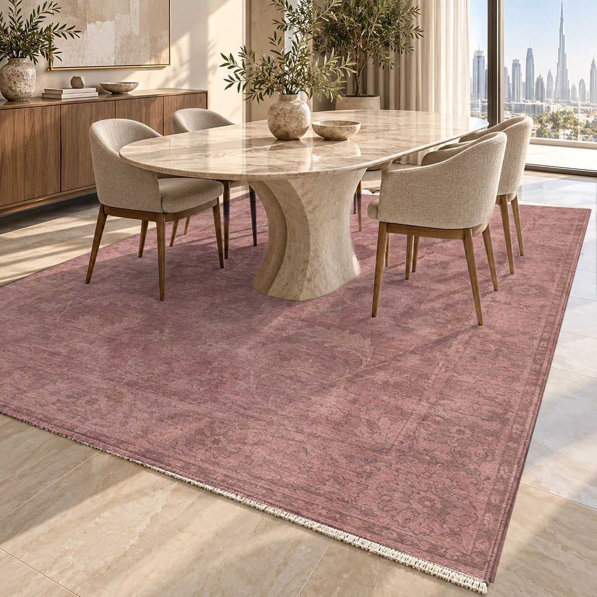 Sultanabad Mist Rose Pink Vintage Washable Rug — dubai dining