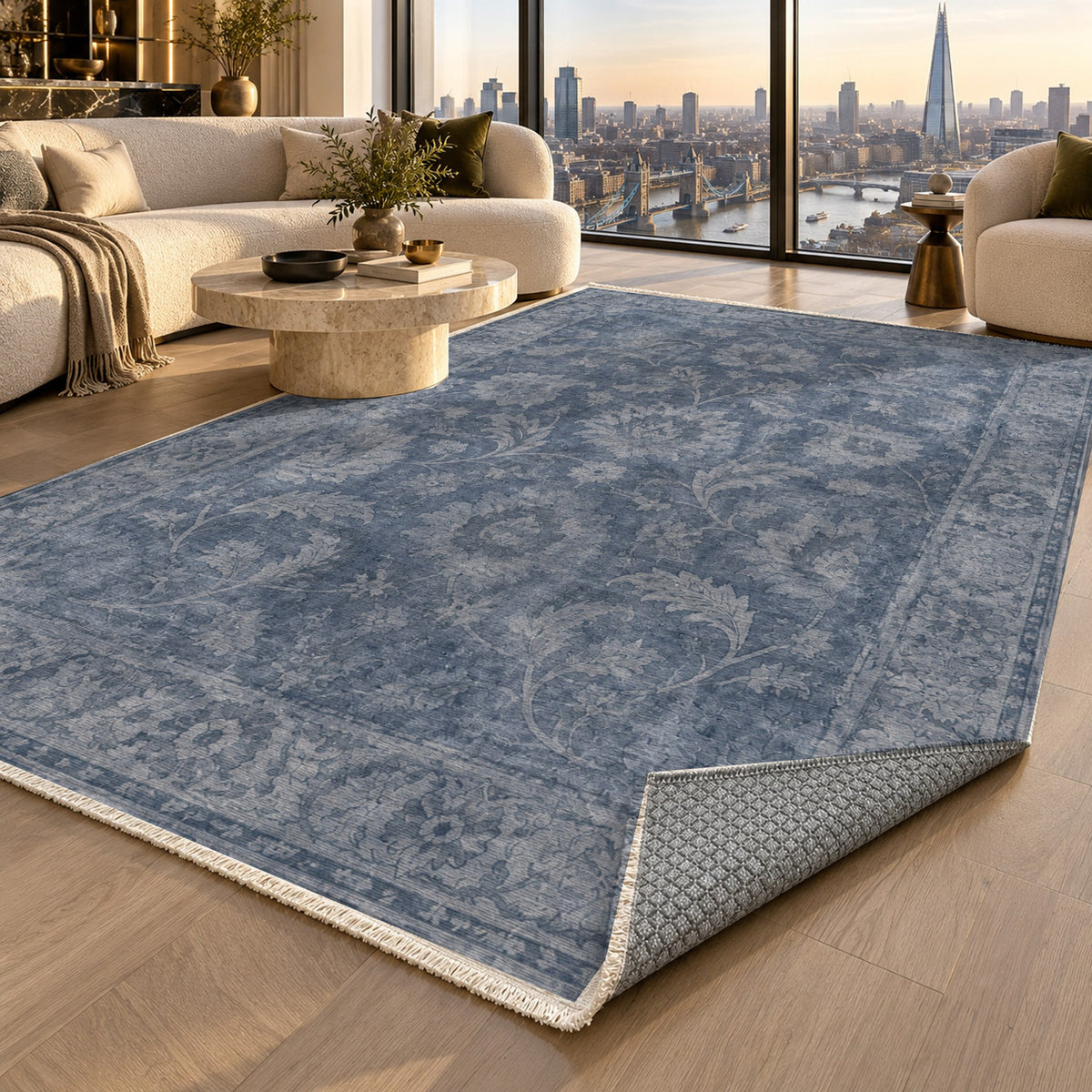 Sultanabad Mist Slate Blue Vintage Washable Rug — london luxury living