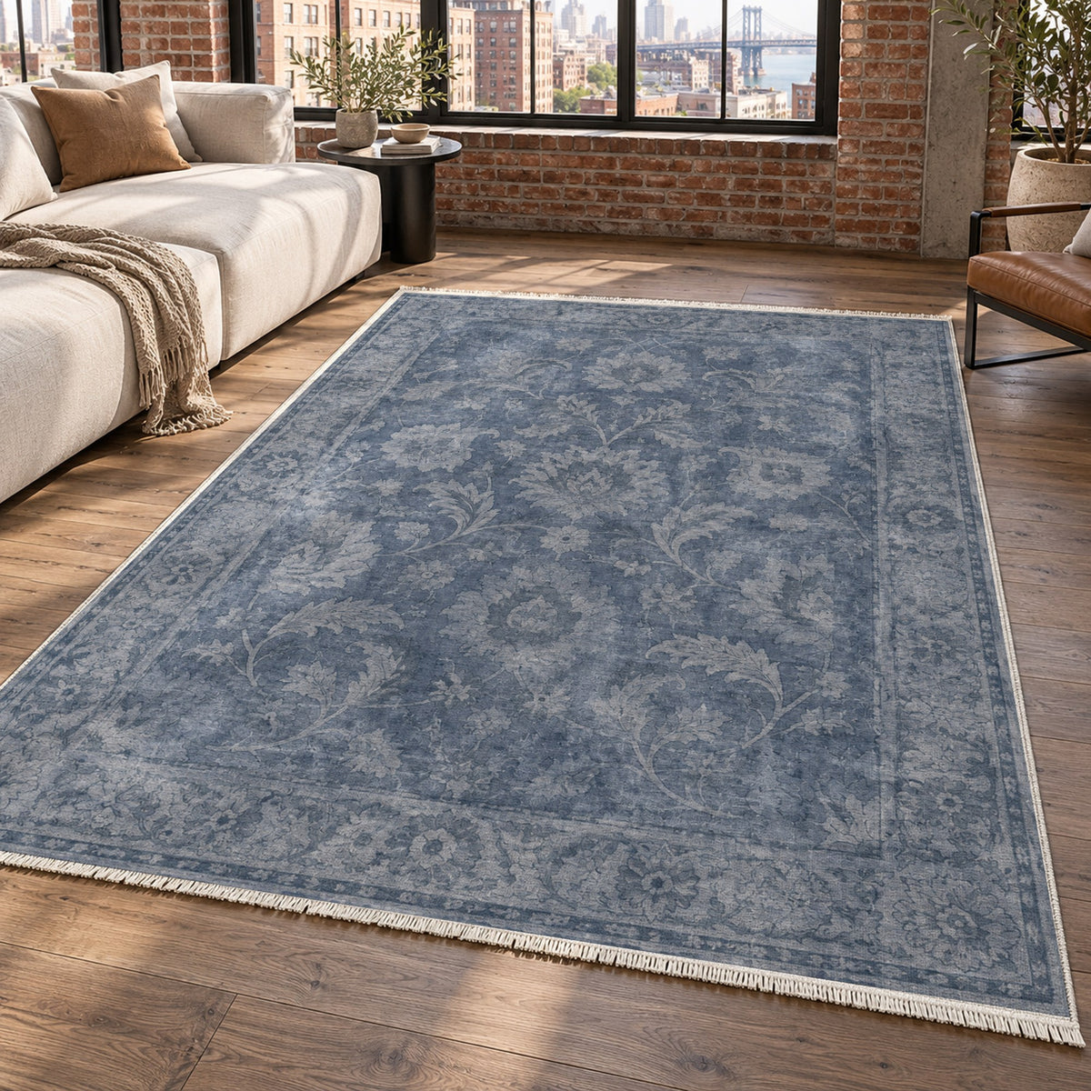 Sultanabad Mist Slate Blue Vintage Washable Rug — new york living