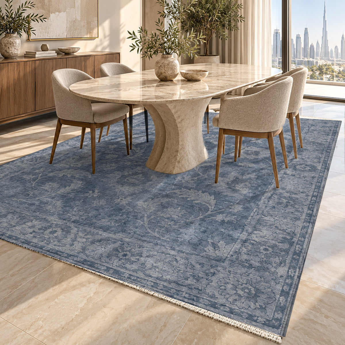 Sultanabad Mist Slate Blue Vintage Washable Rug — dubai dining