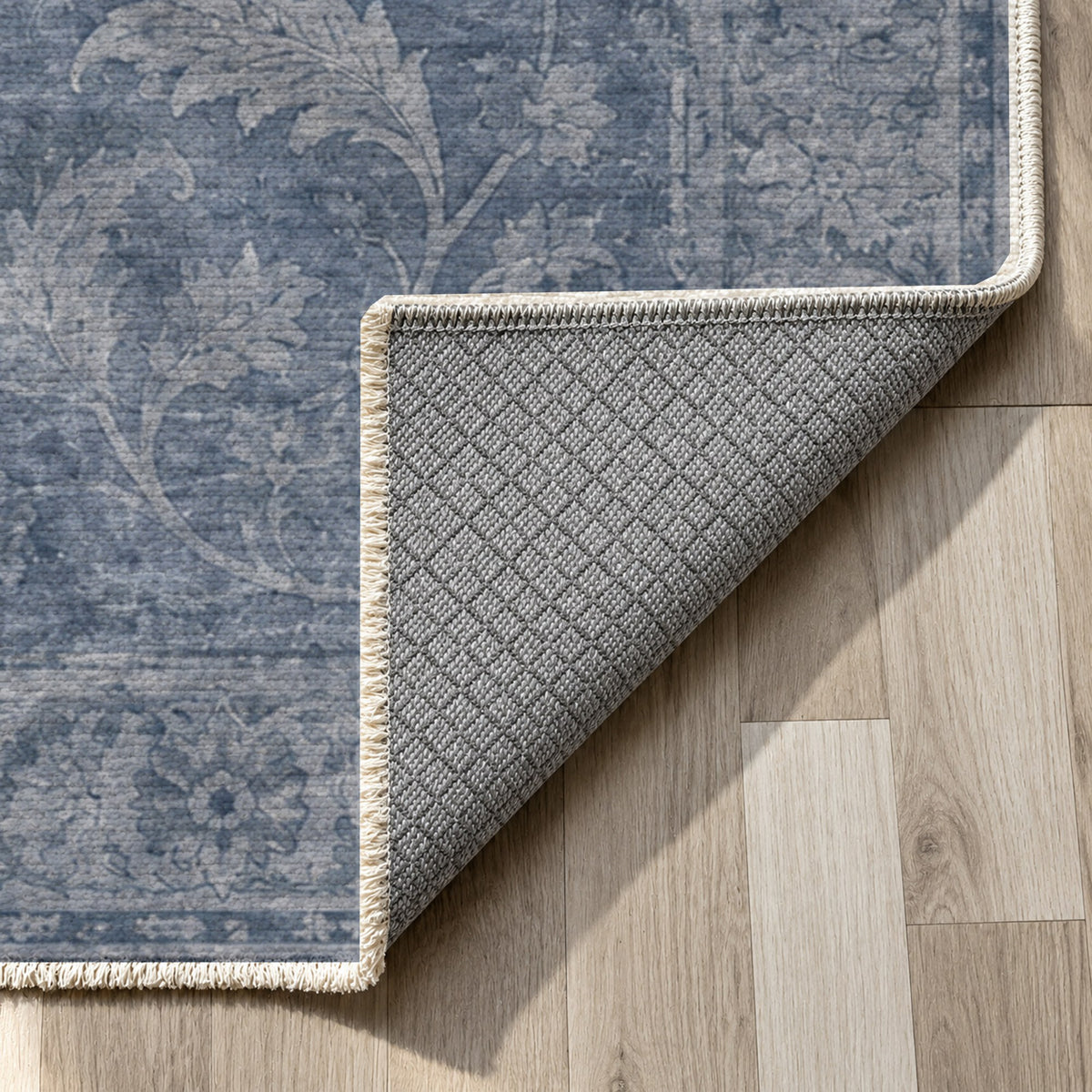 Sultanabad Mist Slate Blue Vintage Washable Rug — backing close up