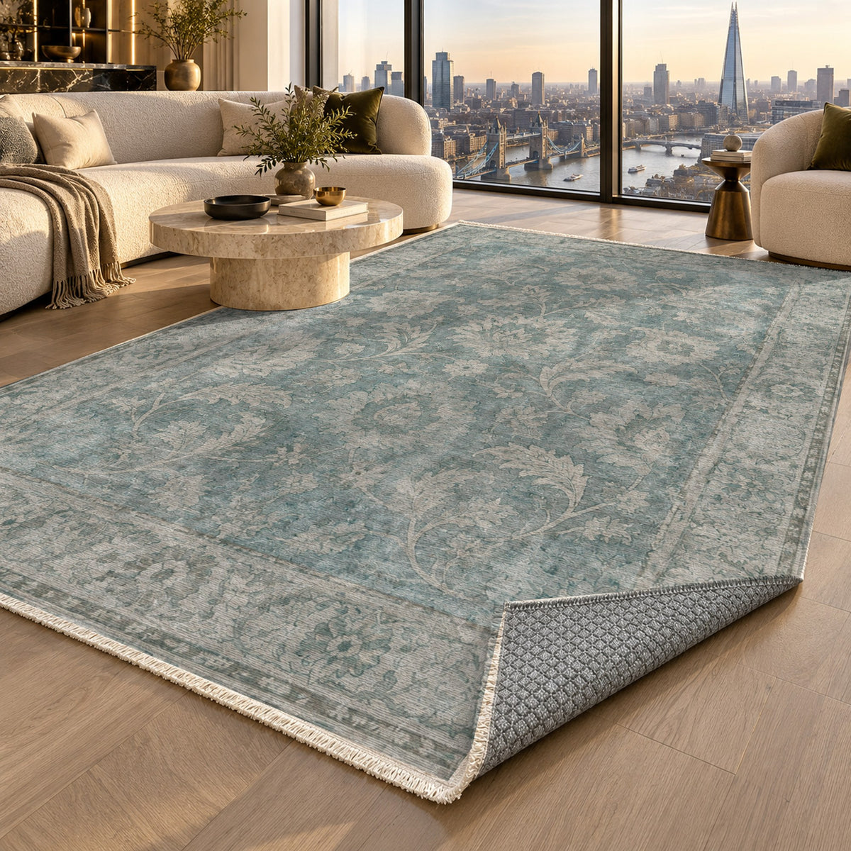 Sultanabad Mist Turquoise Blue Vintage Washable Rug — london luxury living