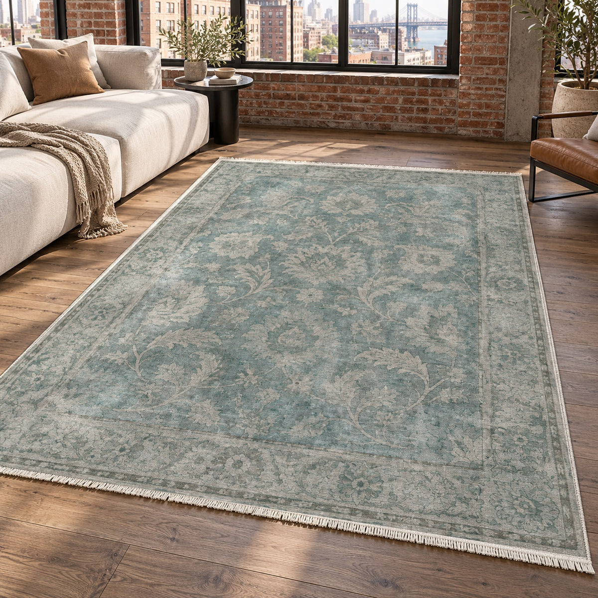 Sultanabad Mist Turquoise Blue Vintage Washable Rug — new york living
