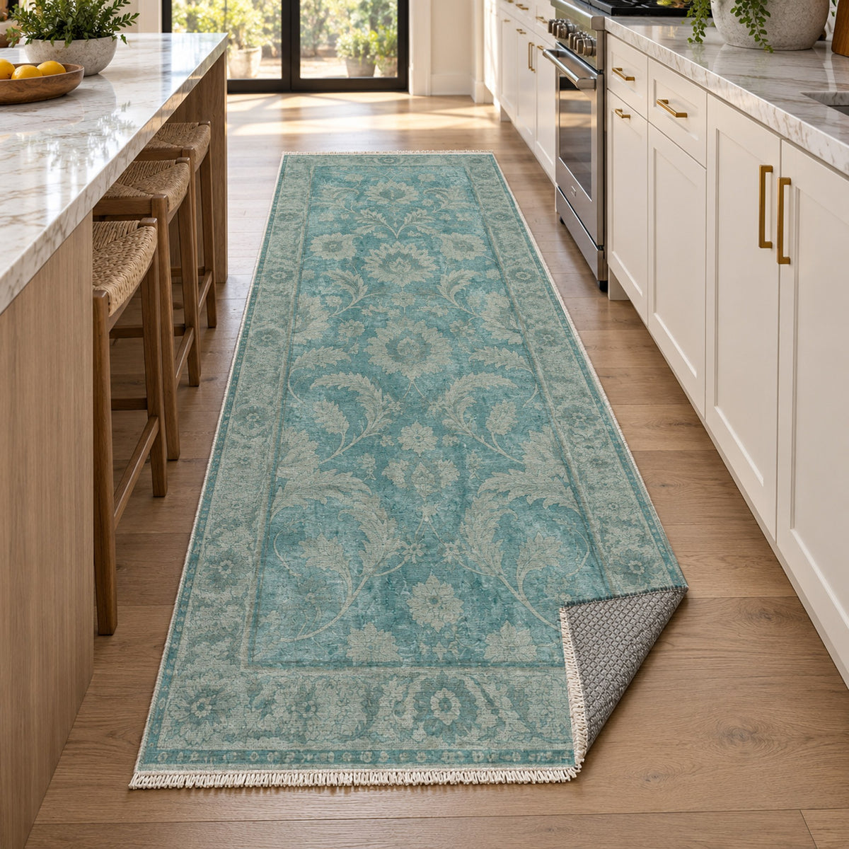 Sultanabad Mist Turquoise Blue Vintage Washable Rug — new york kitchen runner