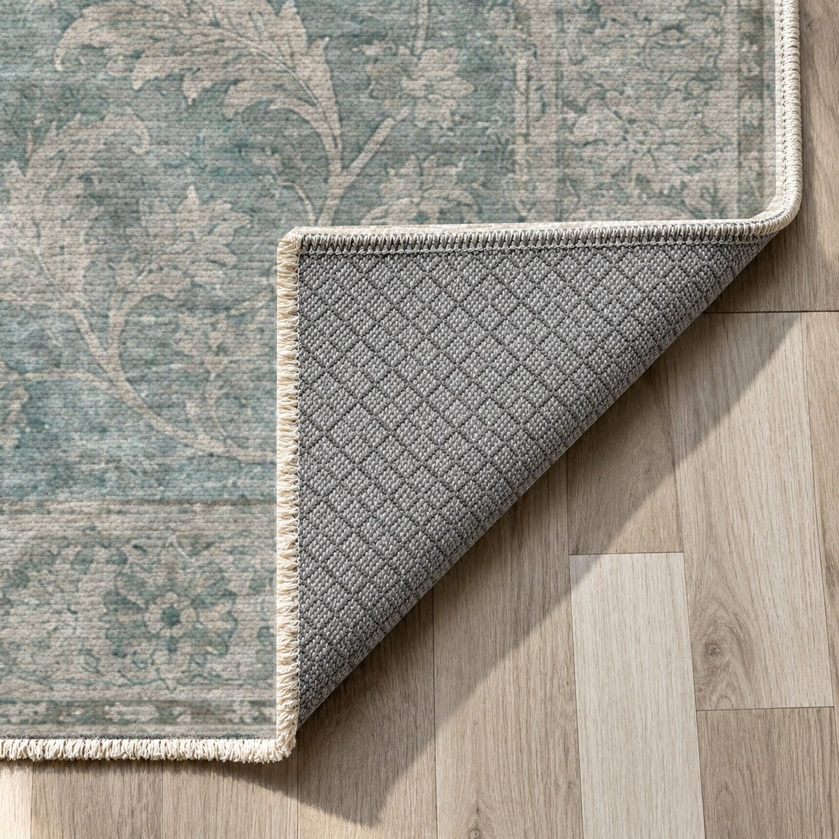 Sultanabad Mist Turquoise Blue Vintage Washable Rug — backing close up