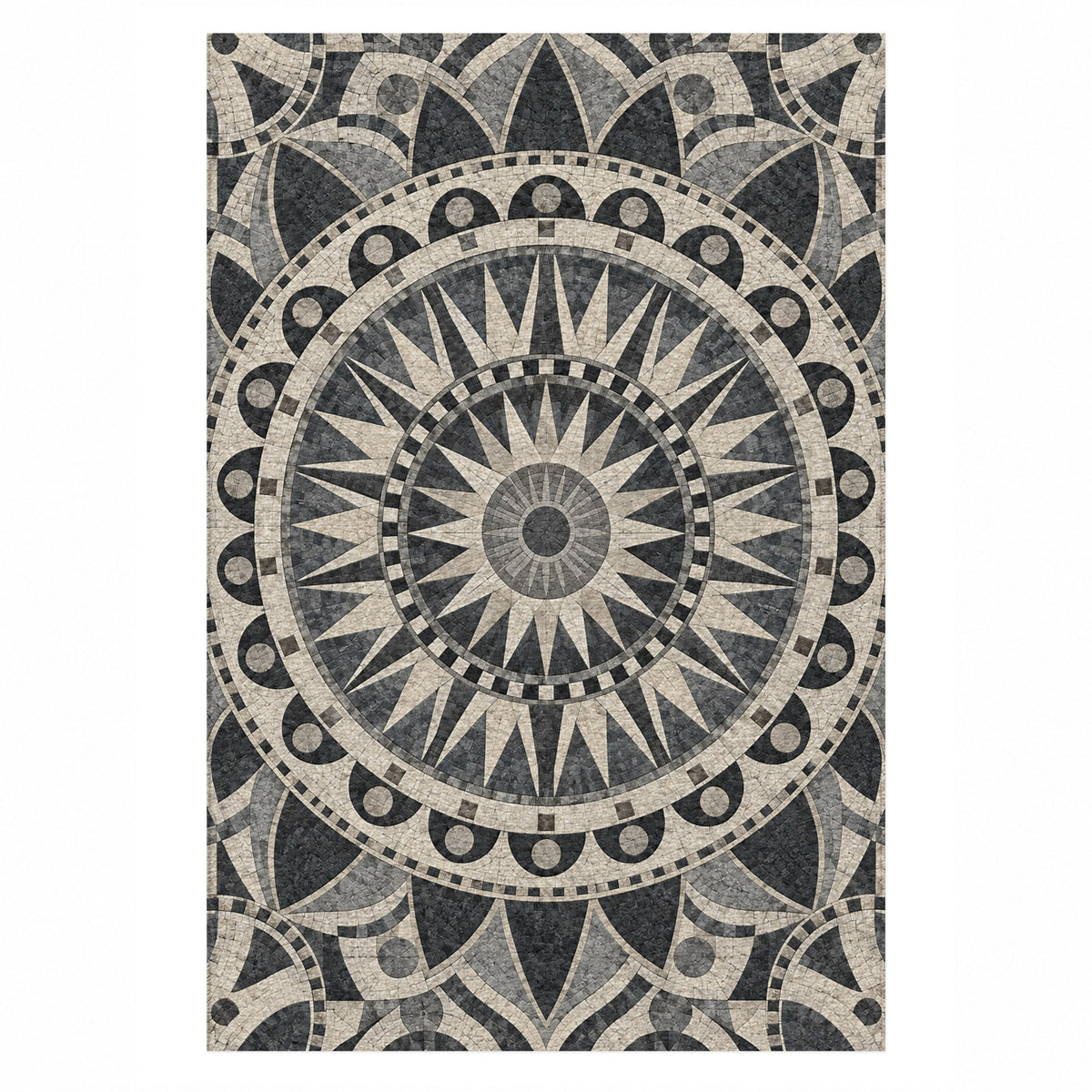 Sun Wheel Charcoal Geometric Washable Rug — top view