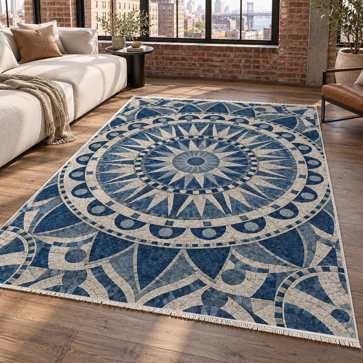 Sun Wheel Indigo Geometric Washable Rug — new york living