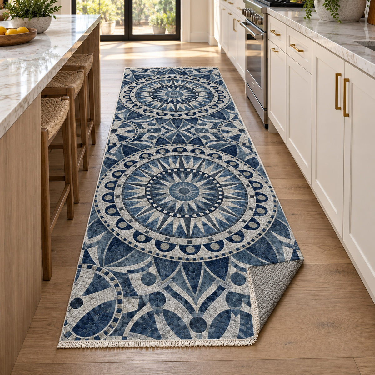 Sun Wheel Indigo Geometric Washable Rug — new york kitchen runner