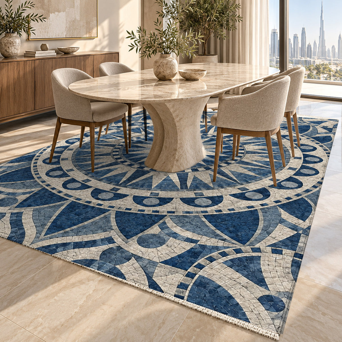 Sun Wheel Indigo Geometric Washable Rug — dubai dining