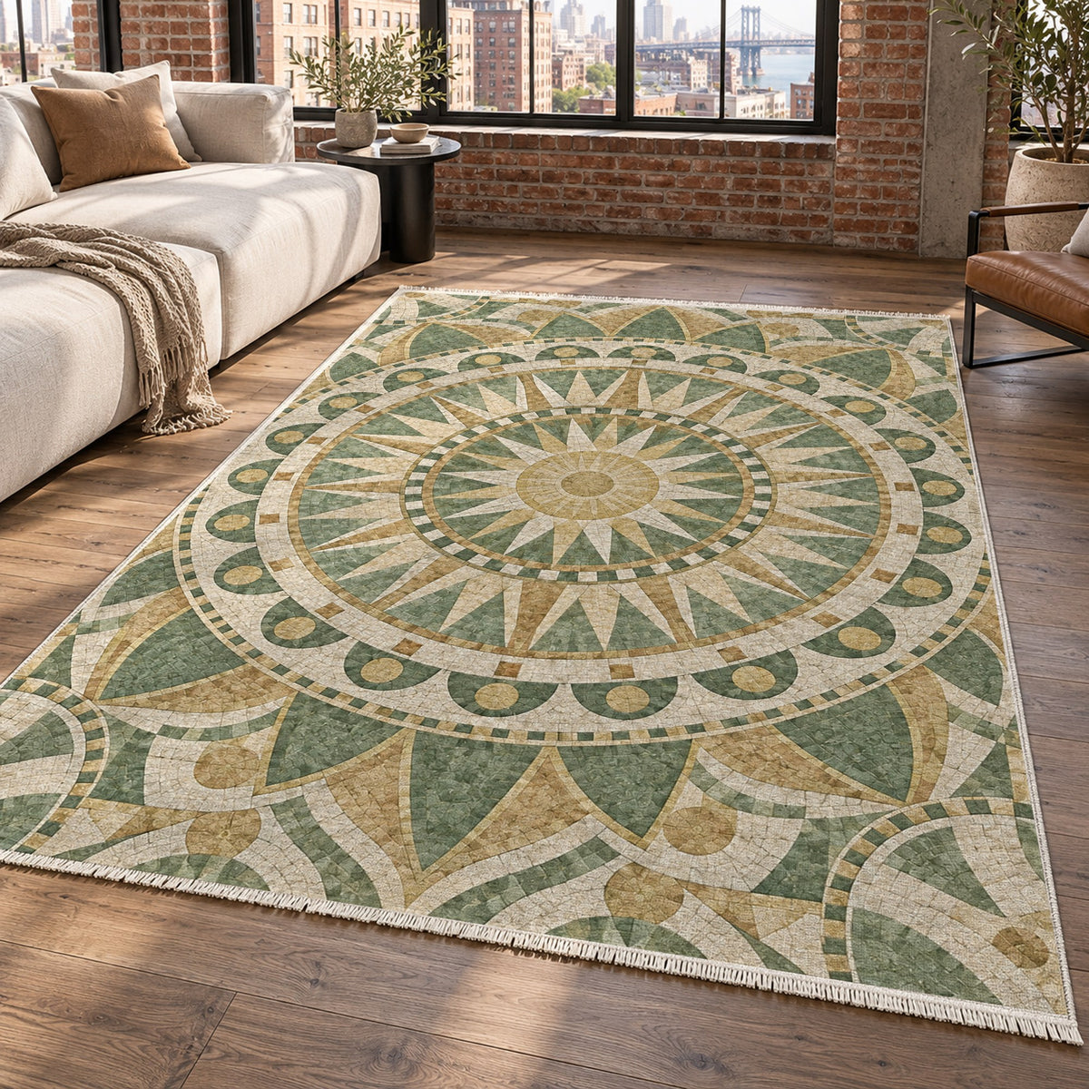 Sun Wheel Sage Geometric Washable Rug — new york living